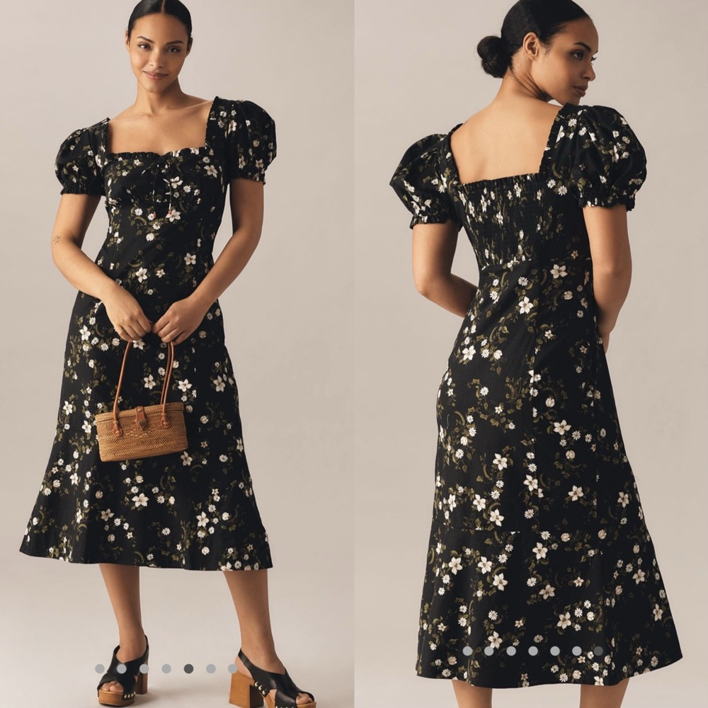 Anthropologie Maeve linen Blend puff sleeve sweetheart midi dress